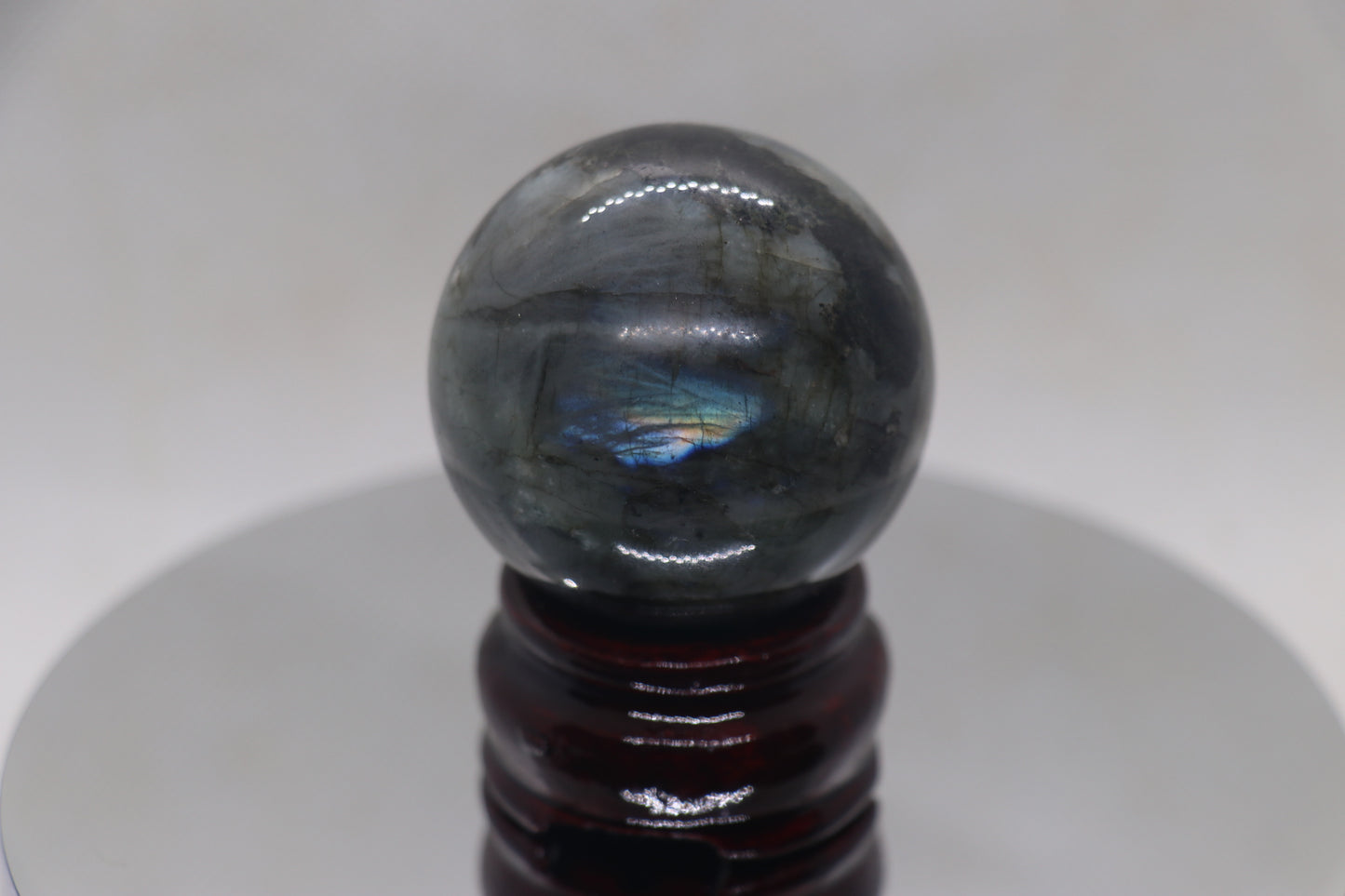 35 - 45mm labradorite Gemstone Sphere & Circular Wooden Stand