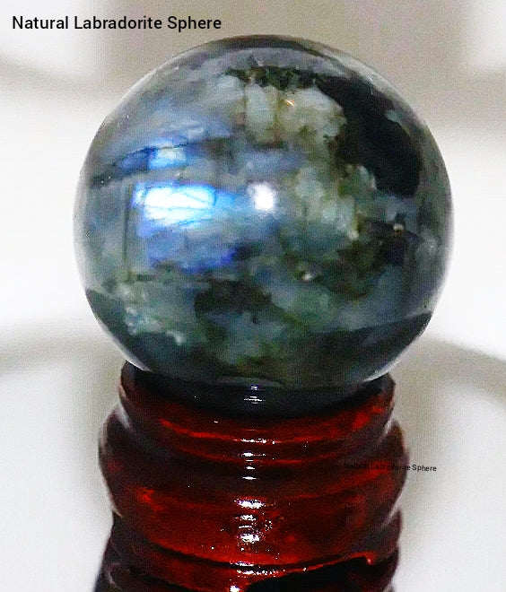 35 - 45mm labradorite Gemstone Sphere & Circular Wooden Stand