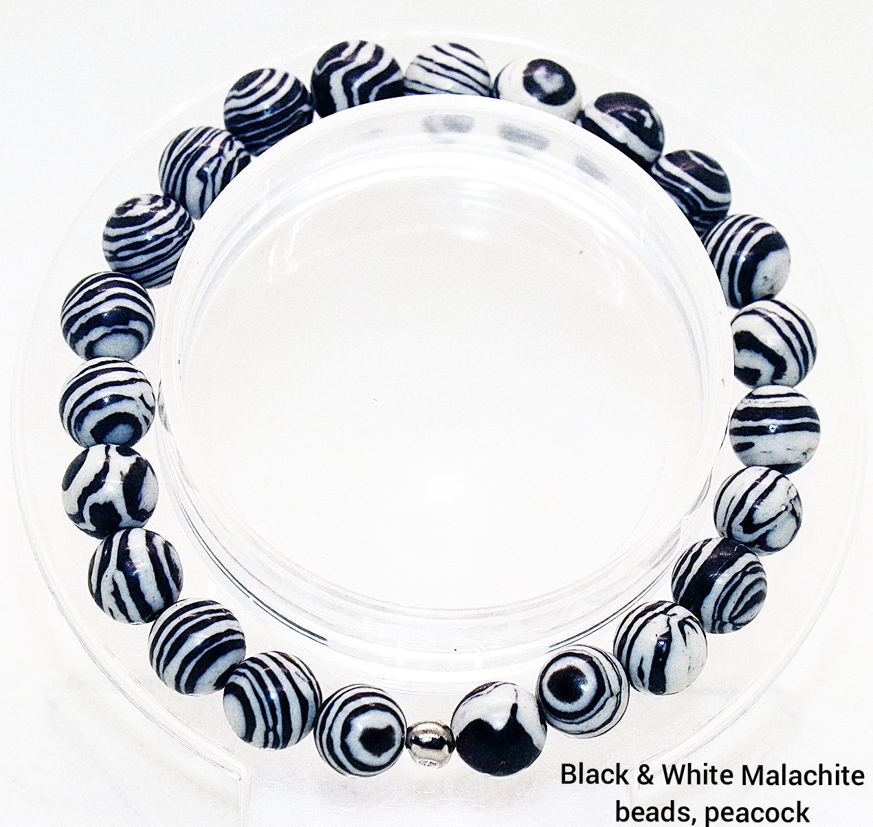 Pulsera de piedras preciosas de pavo real con cuentas de malaquita en blanco y negro