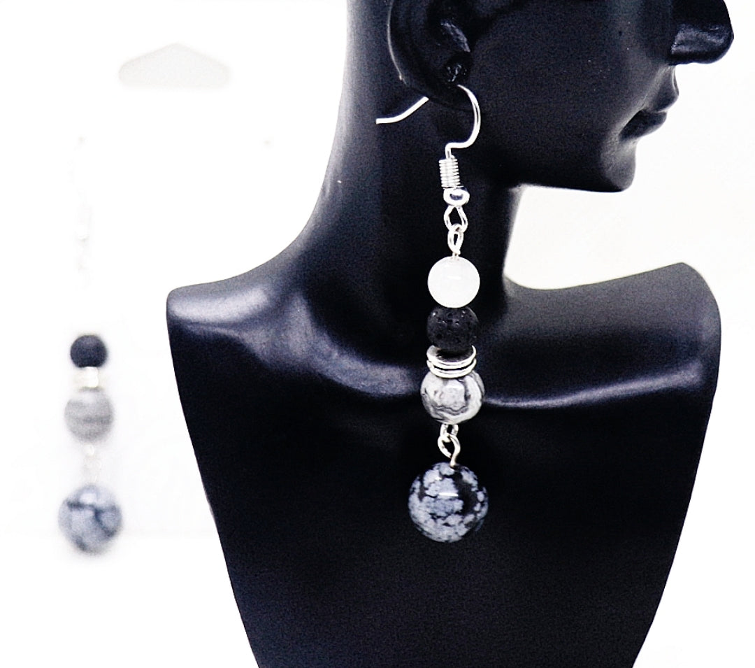 Pendientes de obsidiana copo de nieve y piedra preciosa de cuarzo transparente