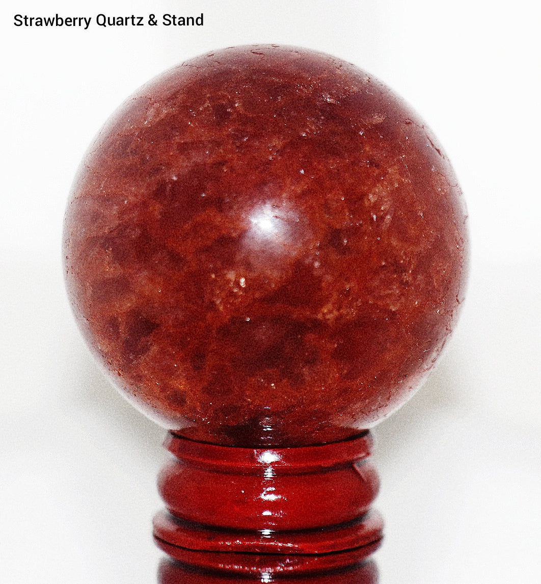45mm Strawberry Quartz Gemstone Sphere & Circular Wooden Sphere Stand