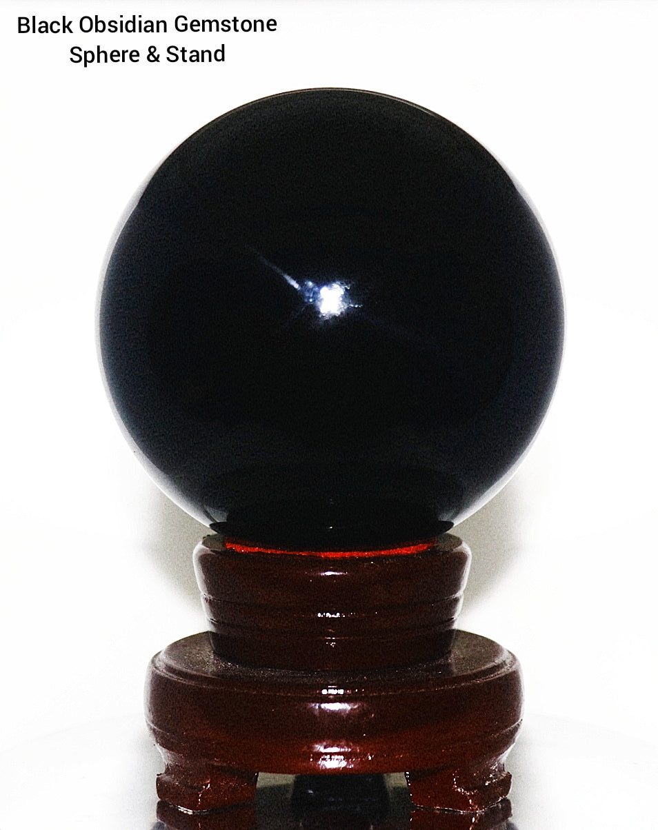 70 - 80mm Black Obsidian Gemstone Sphere & Turning Sphere Stand