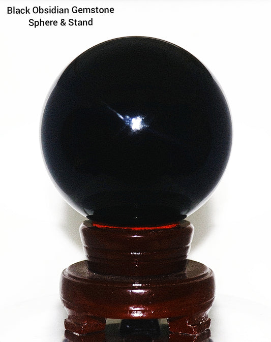 70 - 80mm Black Obsidian Gemstone Sphere & Turning Sphere Stand