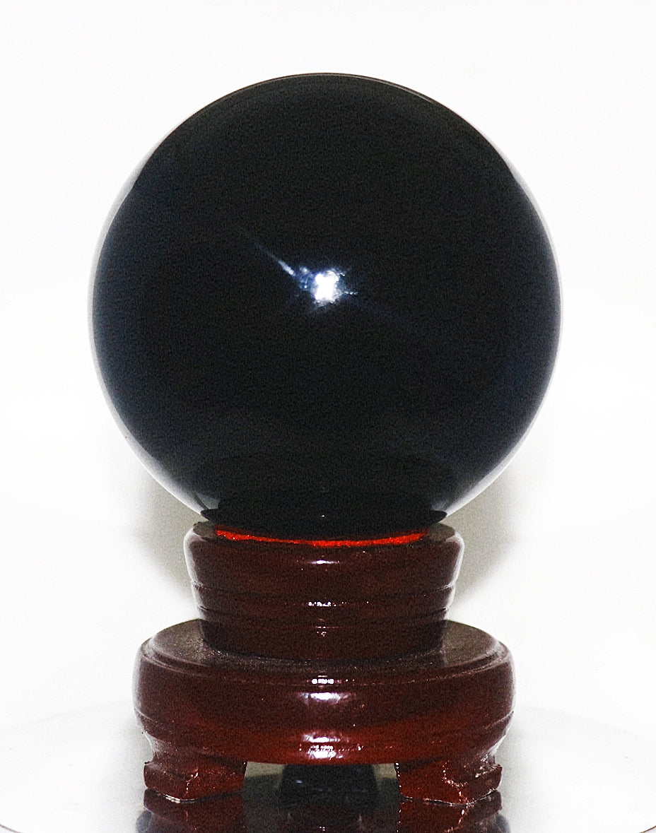 70 - 80mm Black Obsidian Gemstone Sphere & Turning Sphere Stand
