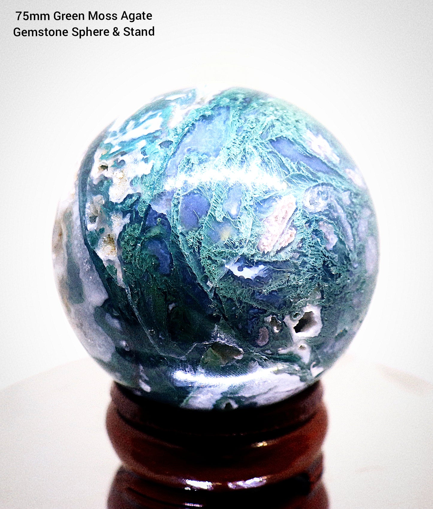 70 - 80mm 75mm Green Moss Agate Gemstone Sphere & Stand