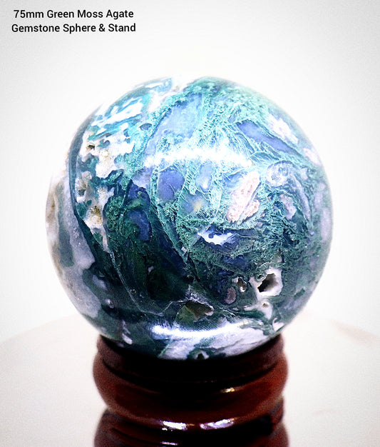 70 - 80mm 75mm Green Moss Agate Gemstone Sphere & Stand