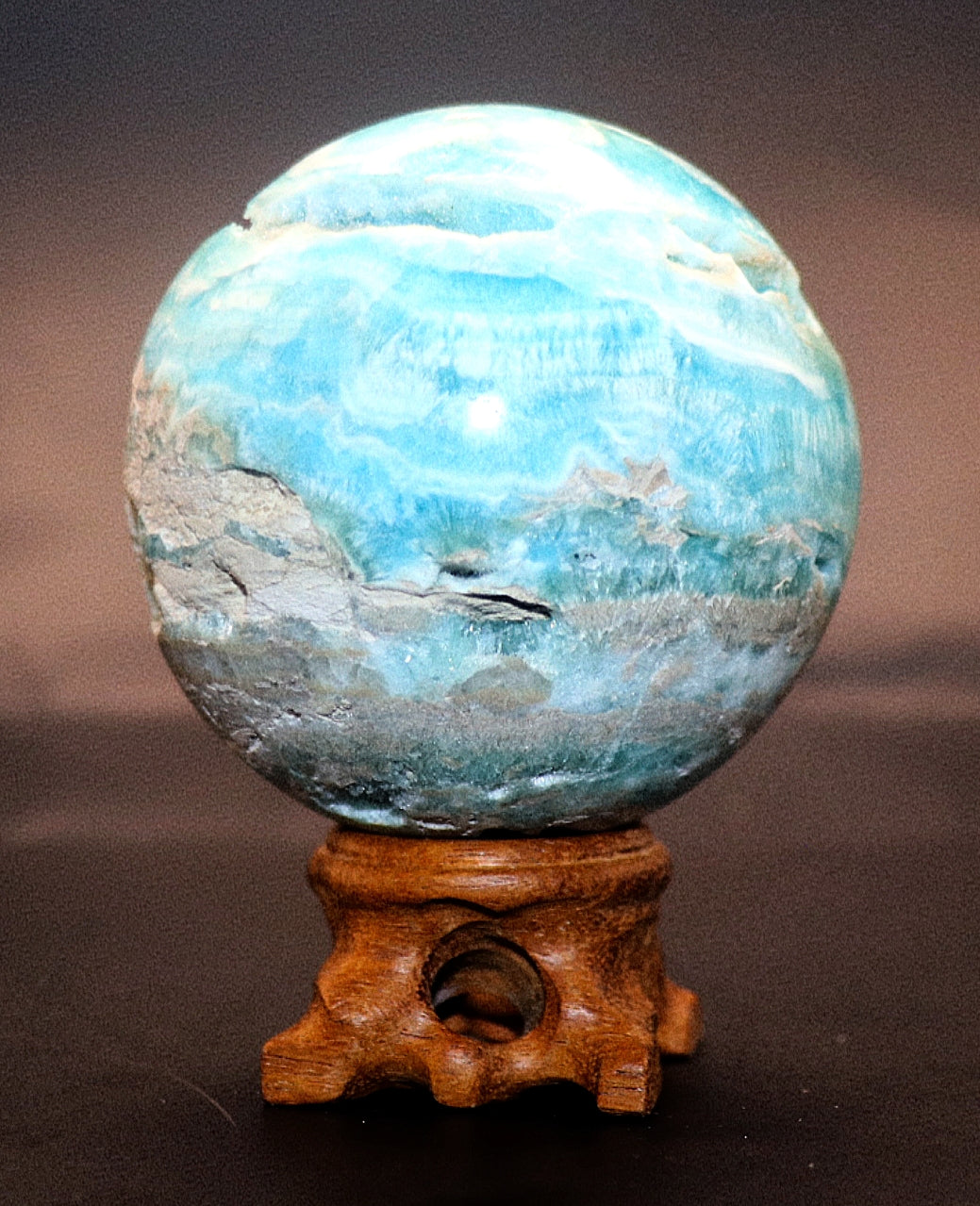 Rare Hermimorphite Gemstone Sphere & Wooden Stand