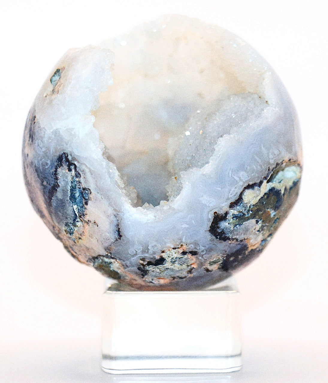 Rare White Jade Specimen Sphere & Square Clear Stand