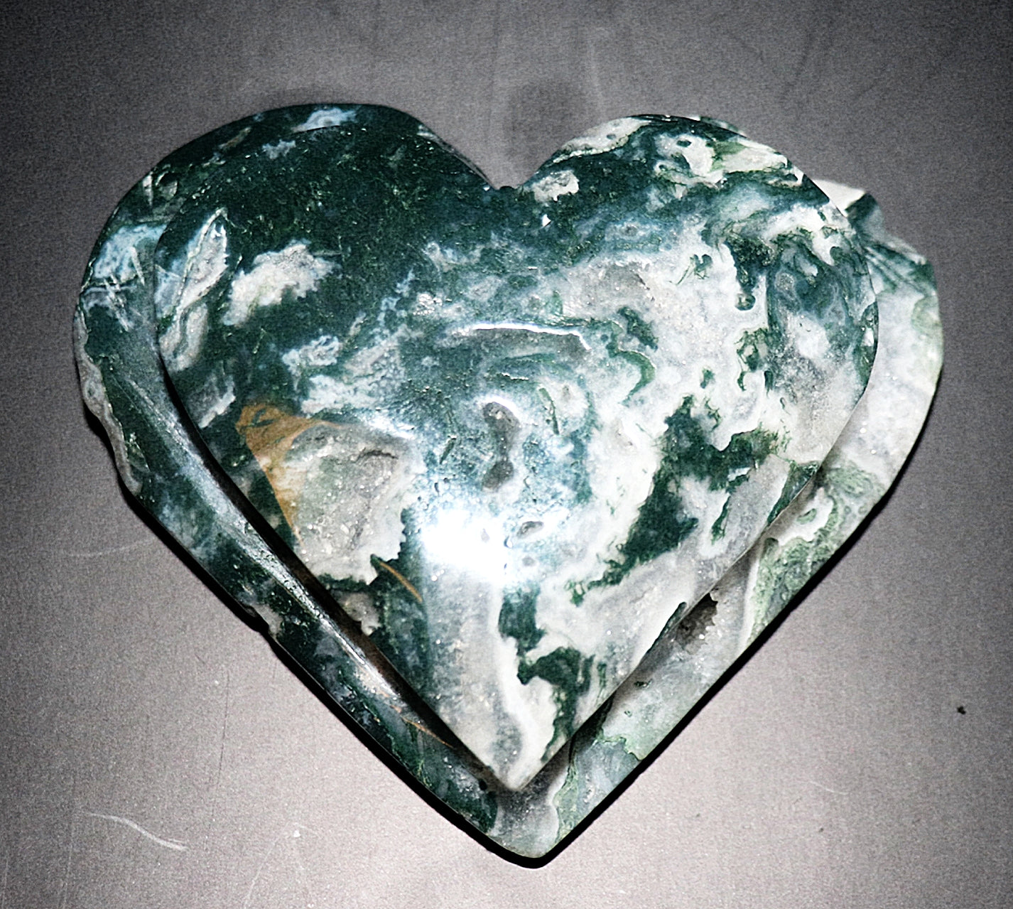 Green Moss Agate Double Hearts Carved Gemstone & Stands