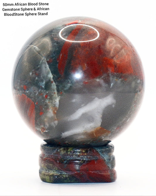 50mm African Blood Stone Gemstone Sphere & African Blood Stone Sphere Stand
