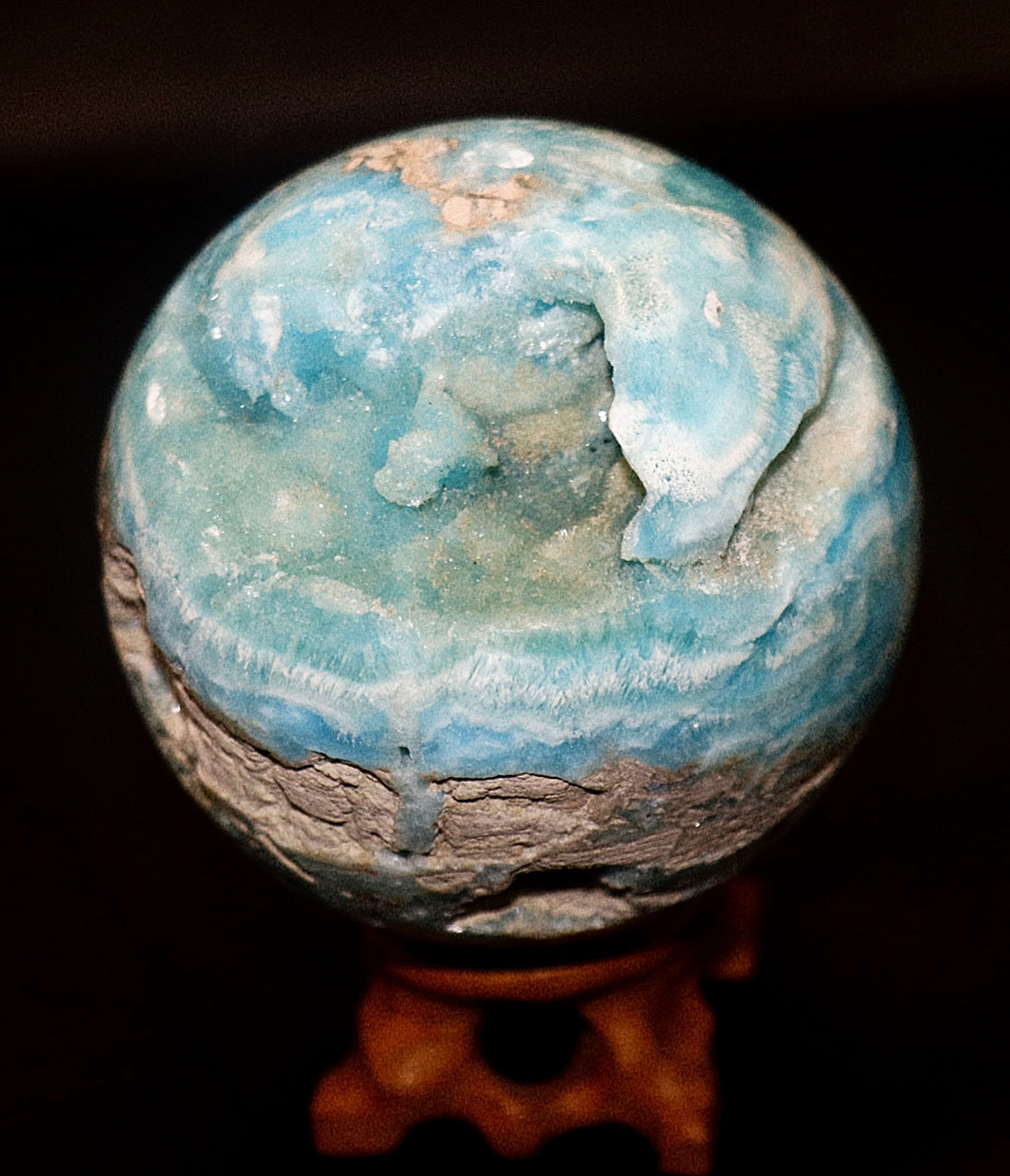 Rare Hermimorphite Gemstone Sphere & Wooden Stand