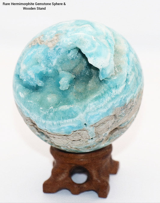 Rare Hermimorphite Gemstone Sphere & Wooden Stand