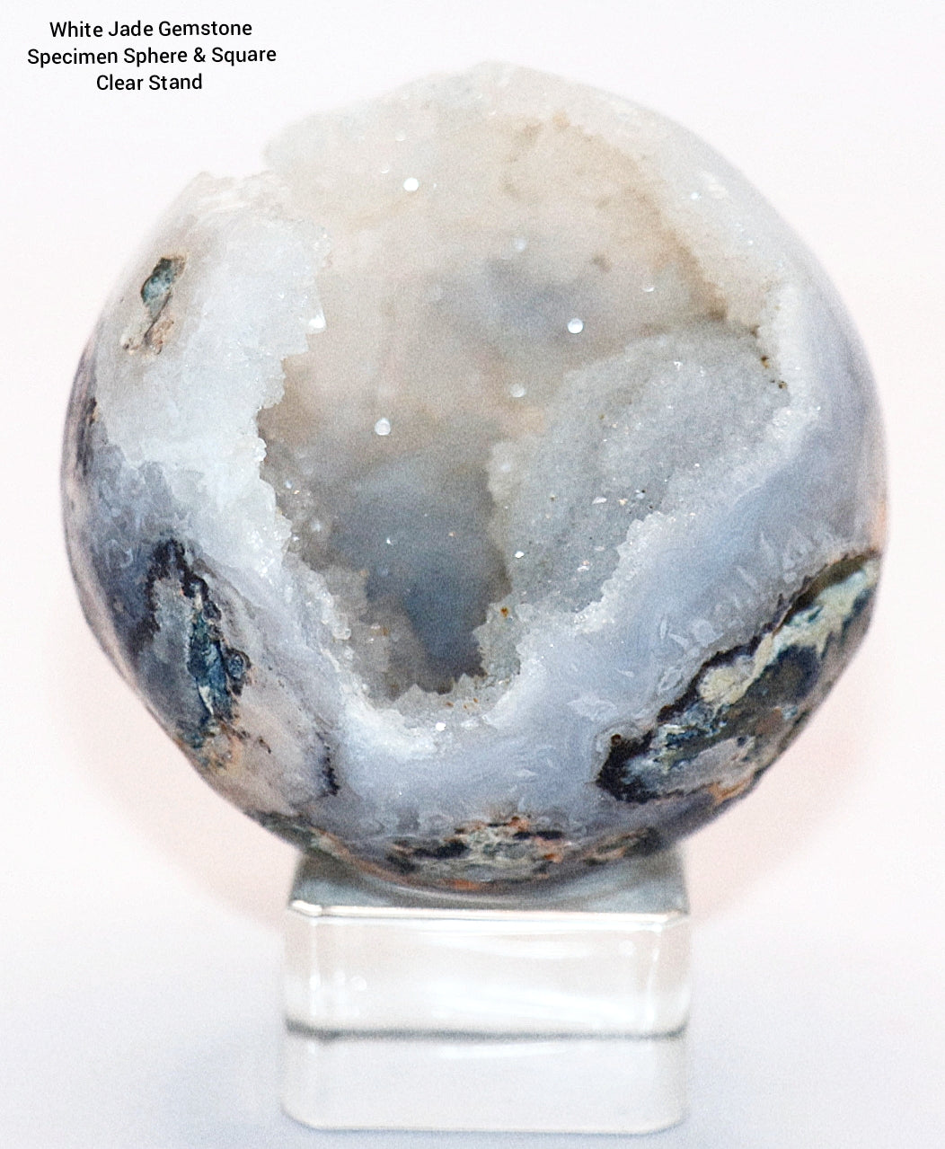 Rare White Jade Specimen Sphere & Square Clear Stand