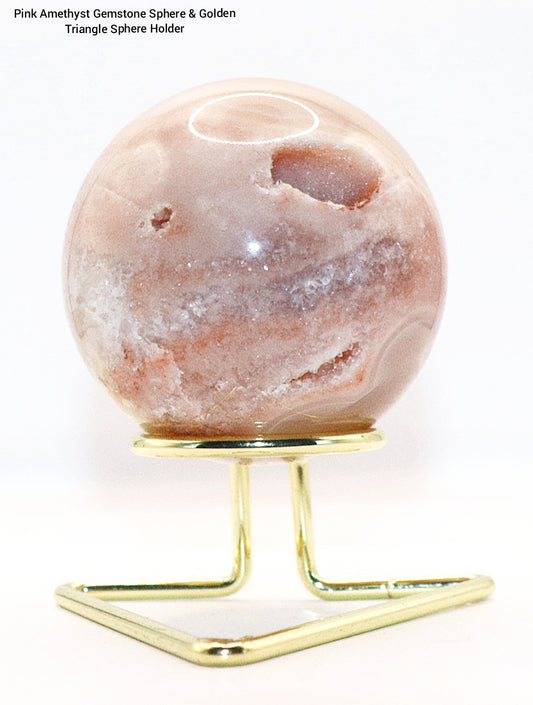 70 - 80mm+  Rare Pink Amethyst Gemstone Sphere & Golden Triangle Sphere Holder & Clear Square Sphere Stand