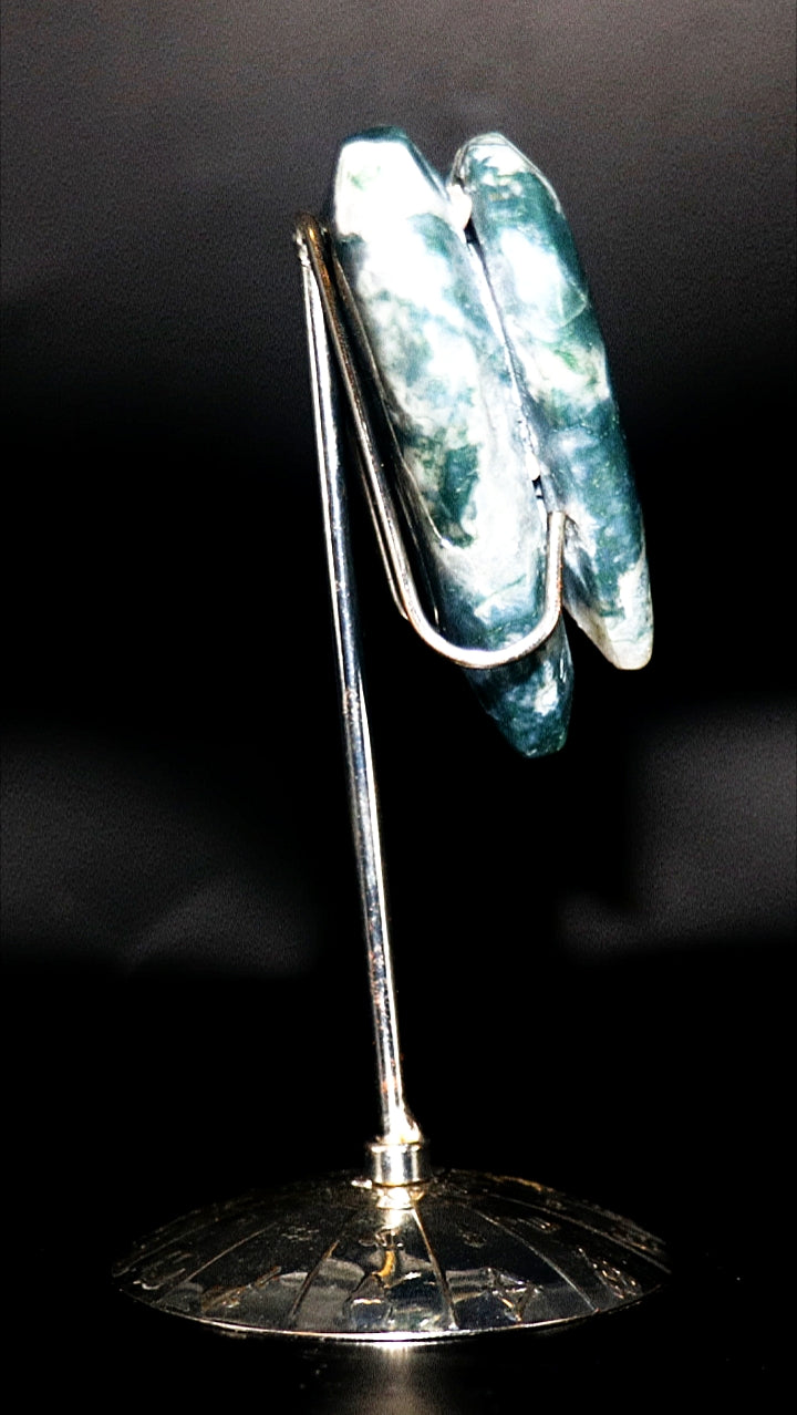 Green Moss Agate Double Hearts Carved Gemstone & Stands