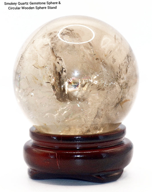 Smokey Quartz Gemstone Sphere & Circular Wooden Sphere Stand