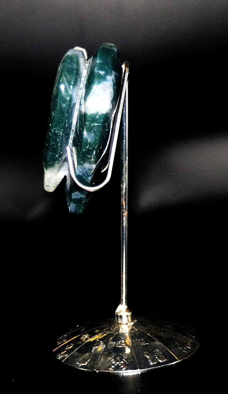 Green Moss Agate Double Hearts Carved Gemstone & Stands