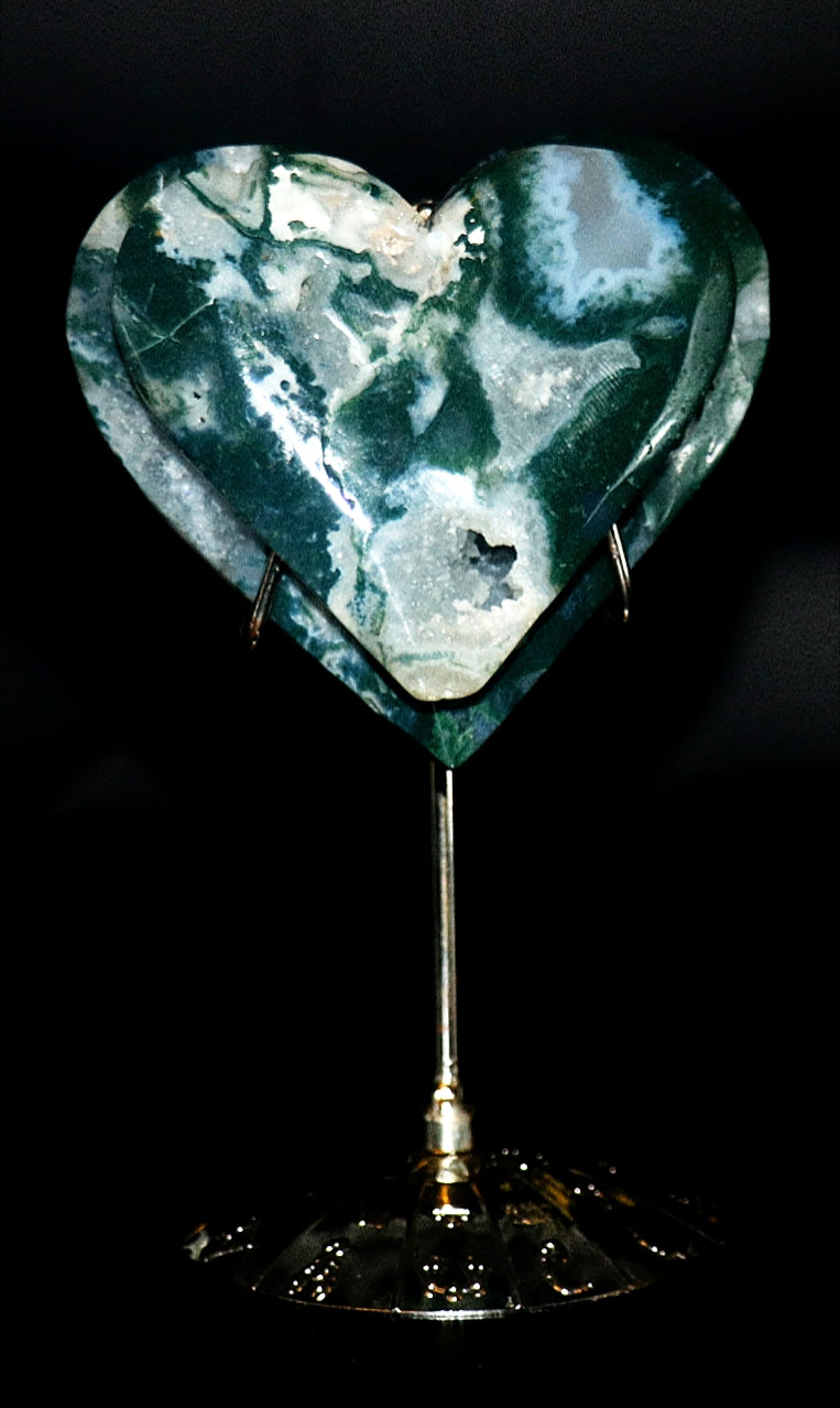 Green Moss Agate Double Hearts Carved Gemstone & Stands