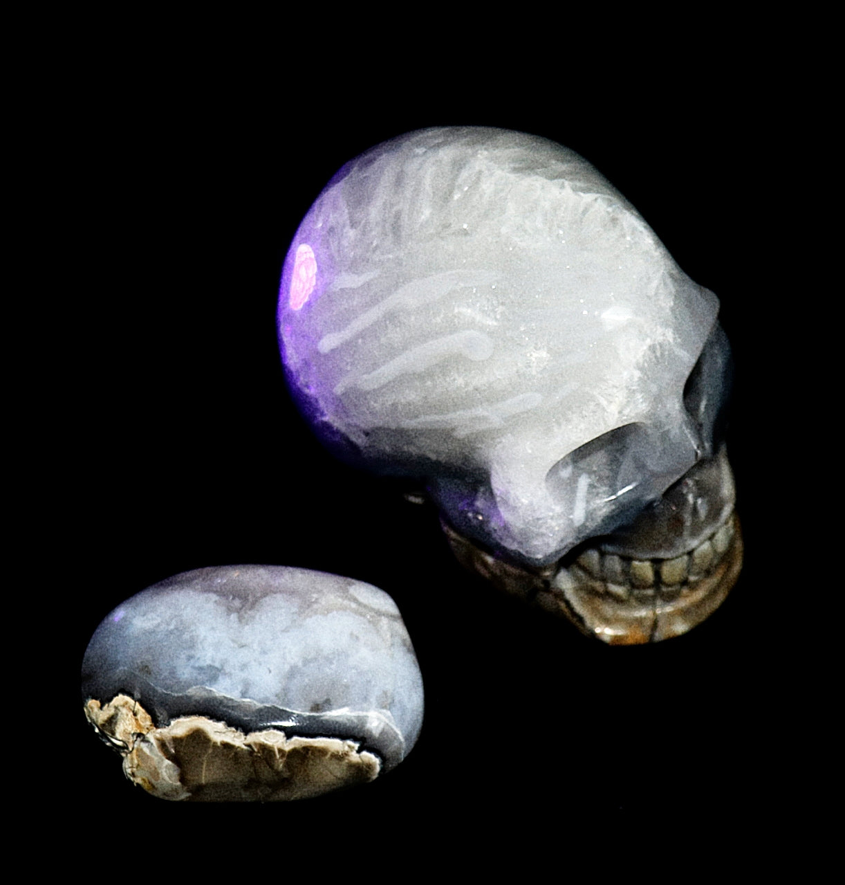 Volcanic Agate Gemstone Curved Skull With UV Reaction