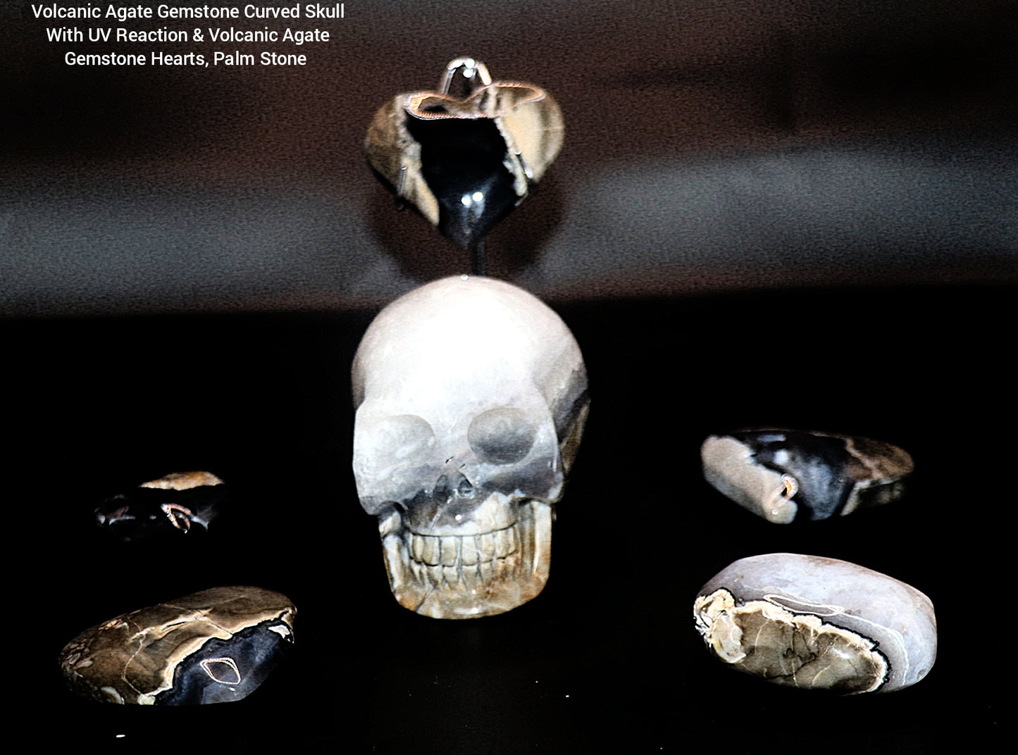Volcanic Agate Gemstone Curved Skull With UV Reaction