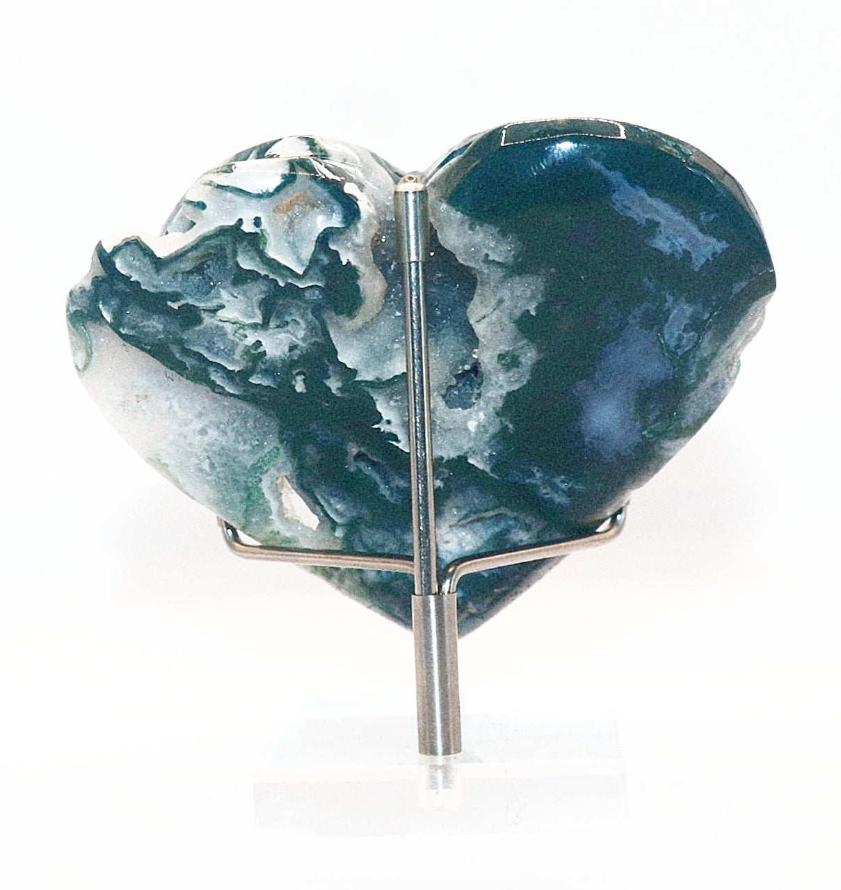Green Moss Agate Double Hearts Carved Gemstone & Stands