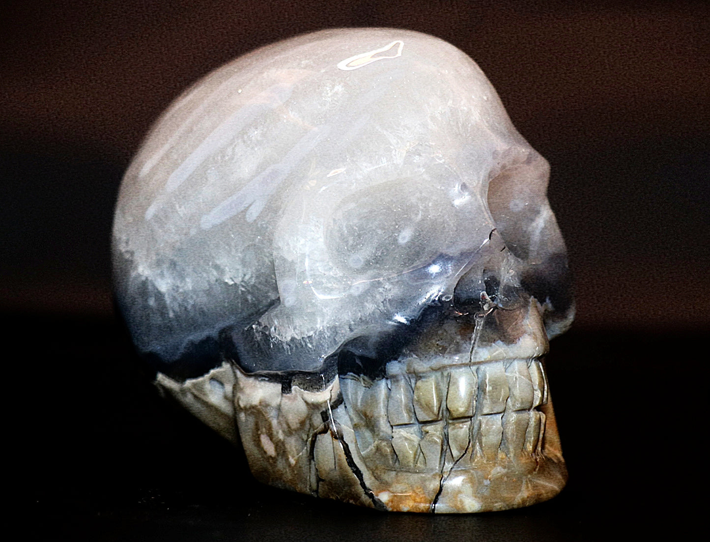 Volcanic Agate Gemstone Curved Skull With UV Reaction