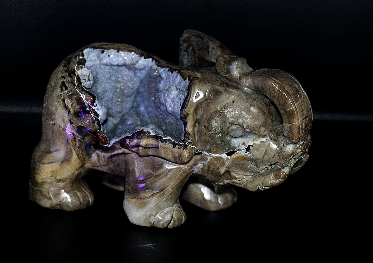 Rare Volcanic Agate With UV Light Reaction eaction Gemstone Druzy Carved Elephant