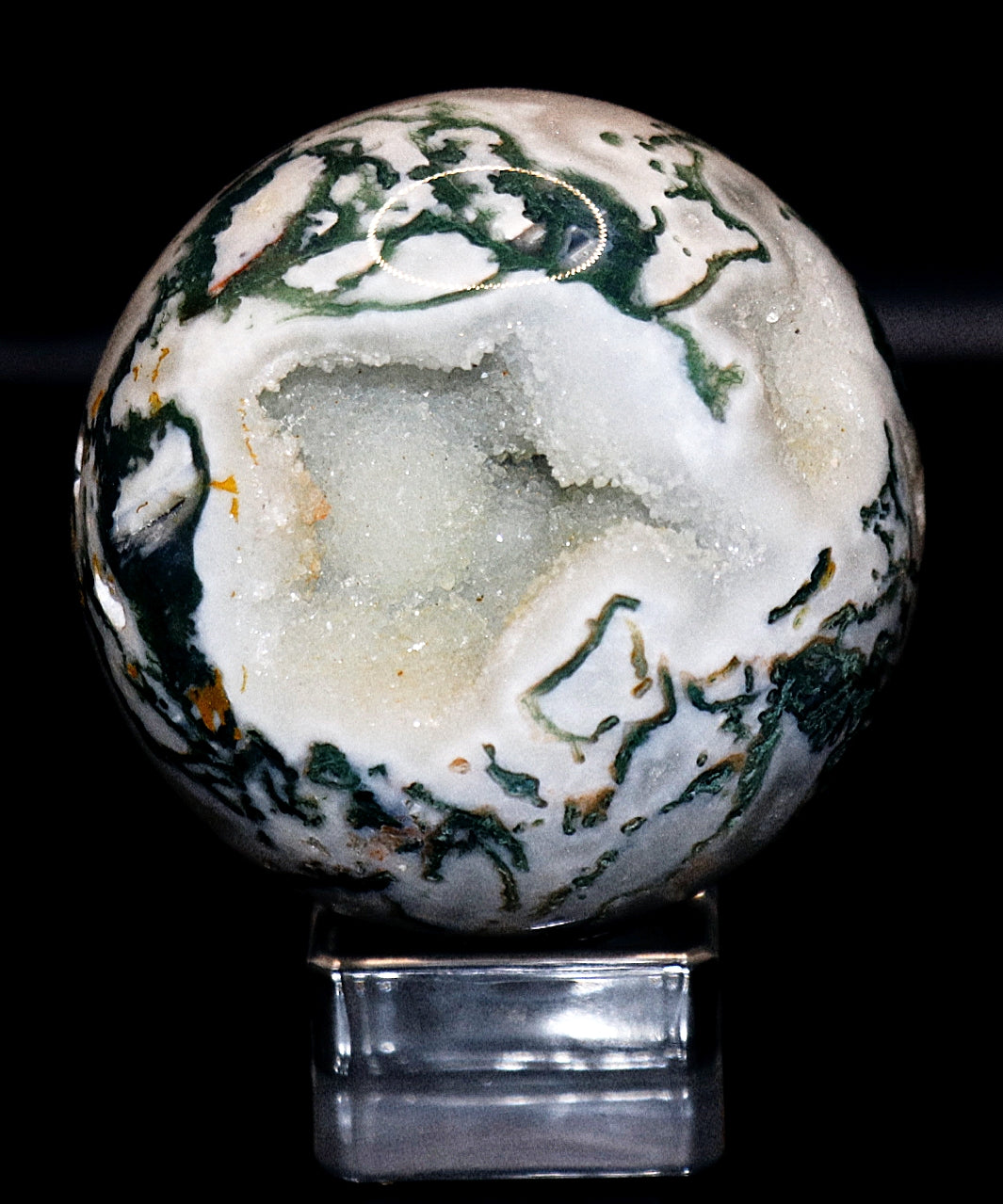 Esfera y soporte de piedra preciosa de ágata musgosa verde de 70 a 80 mm