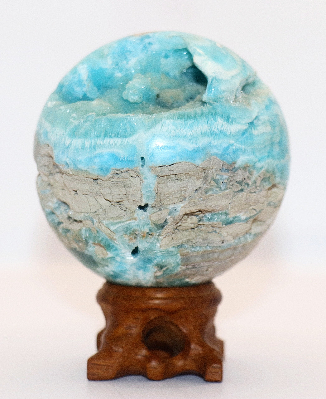 Rare Hermimorphite Gemstone Sphere & Wooden Stand