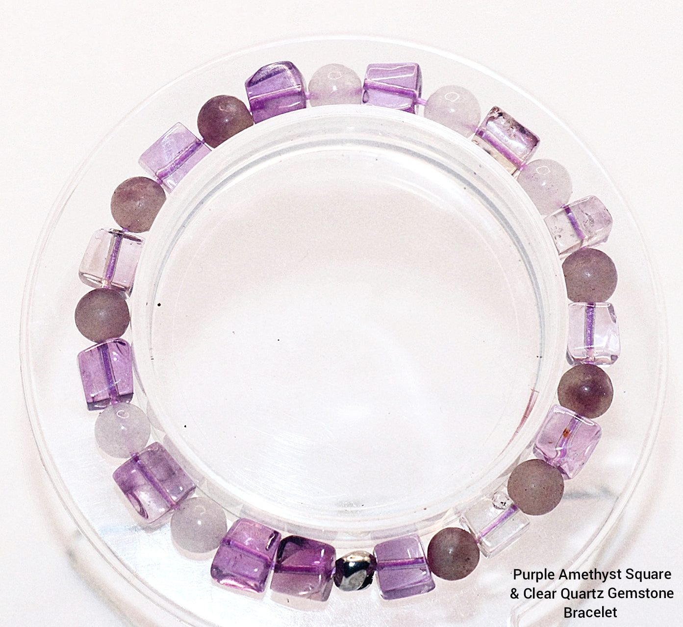 Rare Square Purple Amethyst & Clear Quartz Gemstone Bracelet