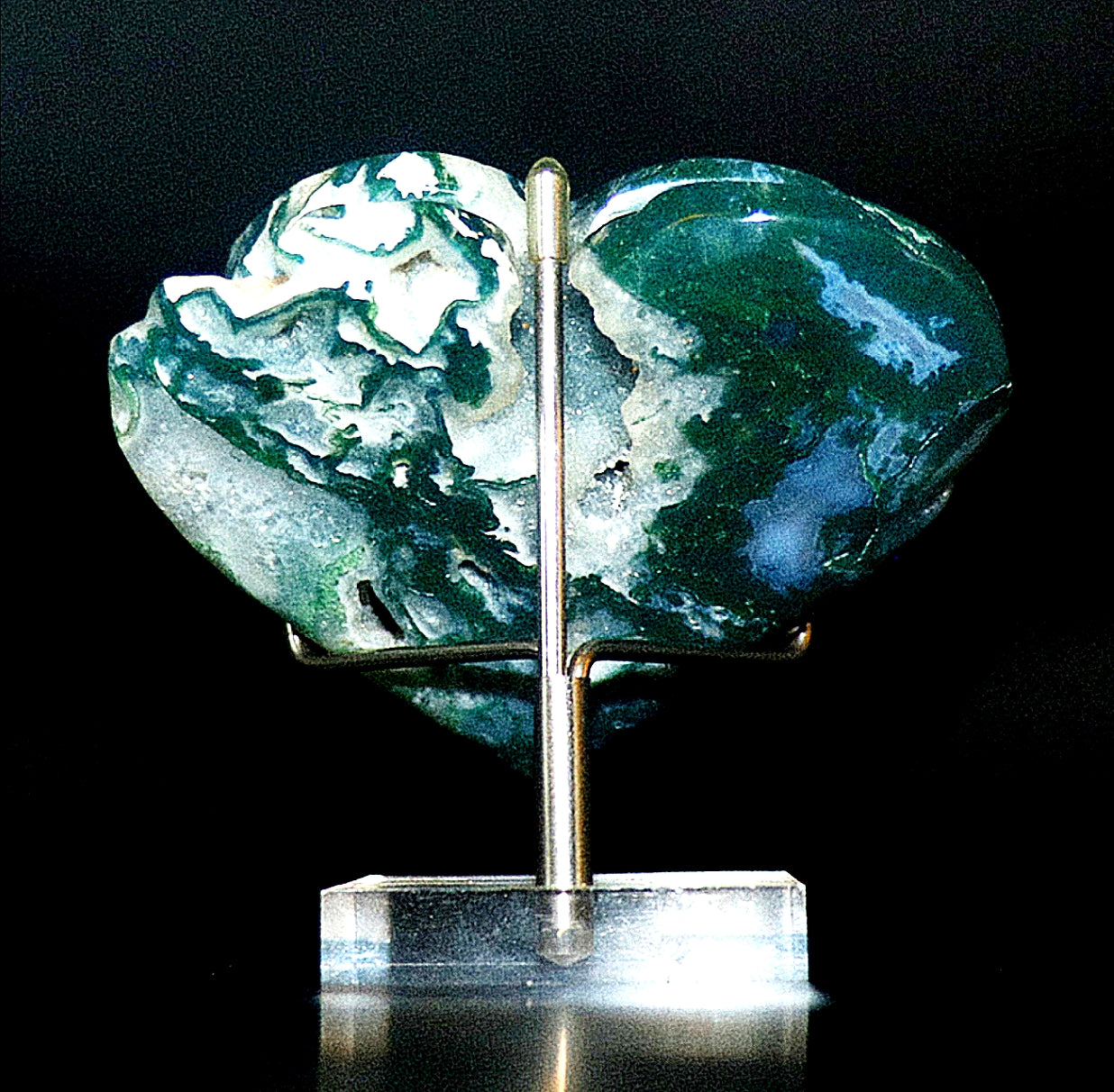 Green Moss Agate Double Hearts Carved Gemstone & Stands