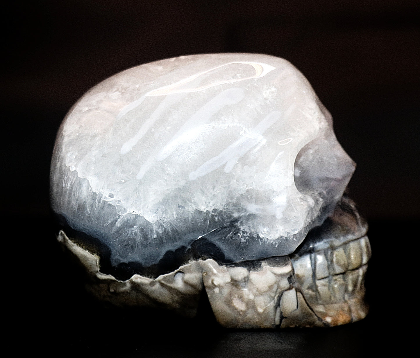 Volcanic Agate Gemstone Curved Skull With UV Reaction