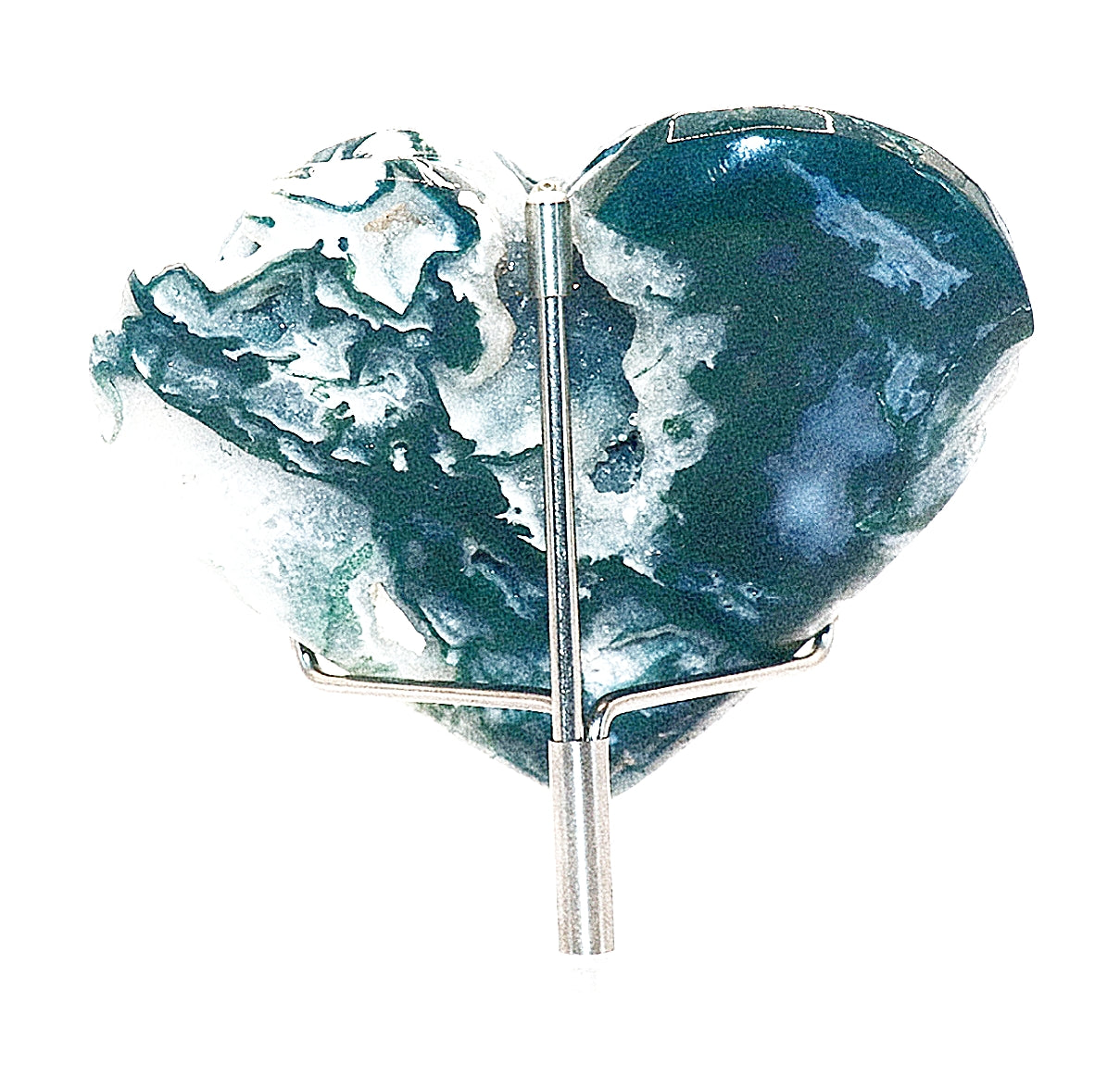 Green Moss Agate Double Hearts Carved Gemstone & Stands
