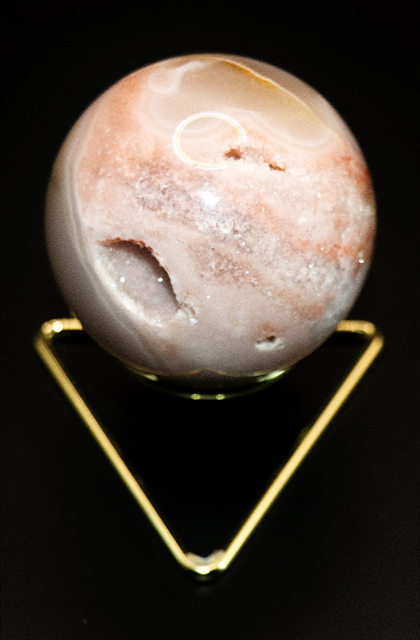 Rare Pink Amethyst Gemstone Sphere & Golden Triangle Sphere Holder