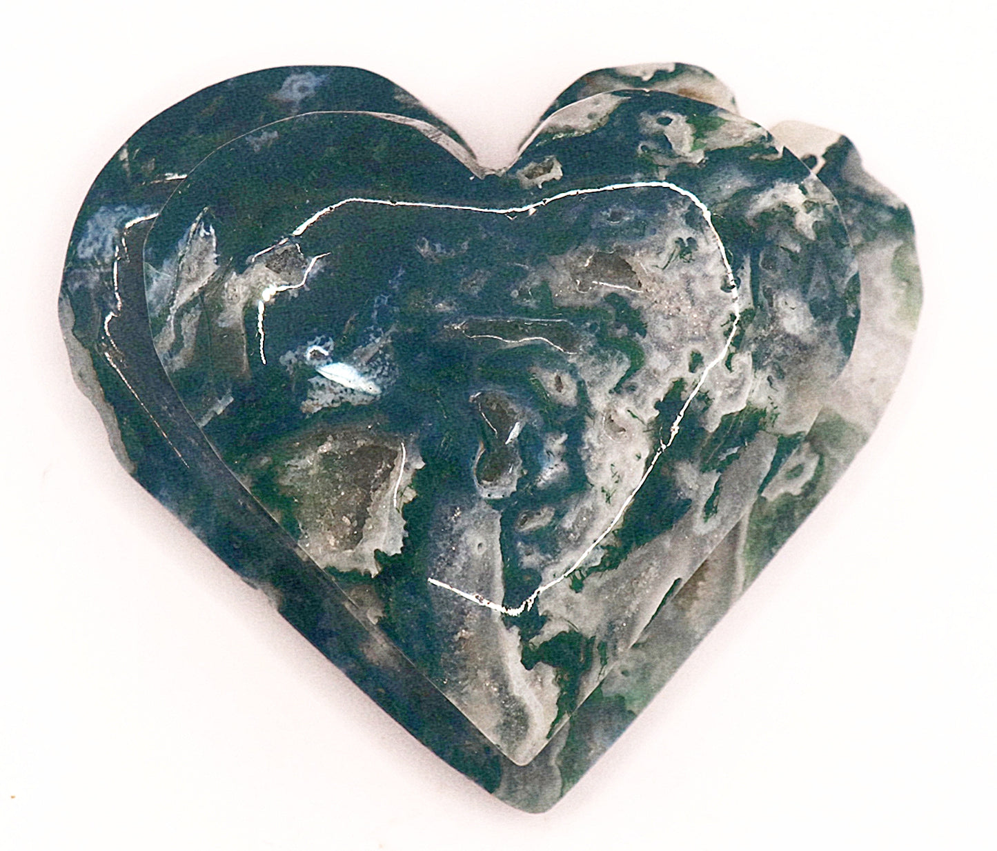 Green Moss Agate Double Hearts Carved Gemstone & Stands