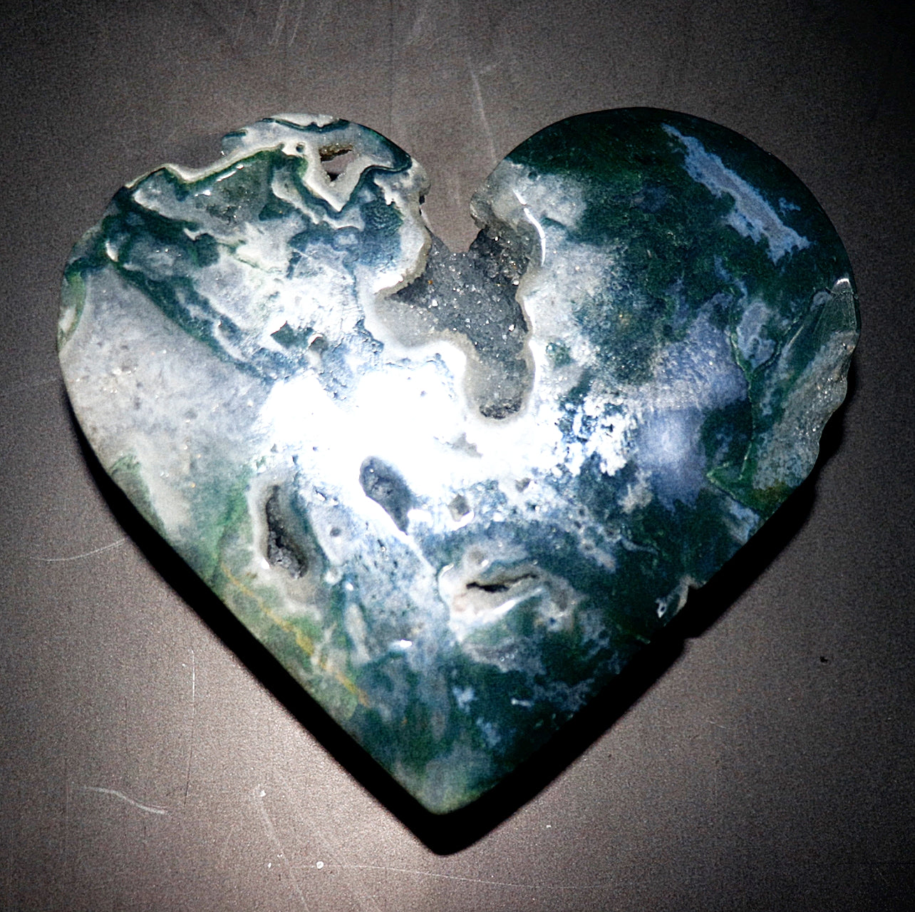 Green Moss Agate Double Hearts Carved Gemstone & Stands