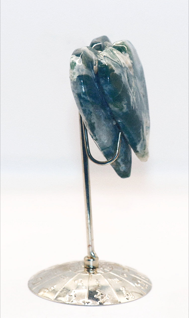 Green Moss Agate Double Hearts Carved Gemstone & Stands
