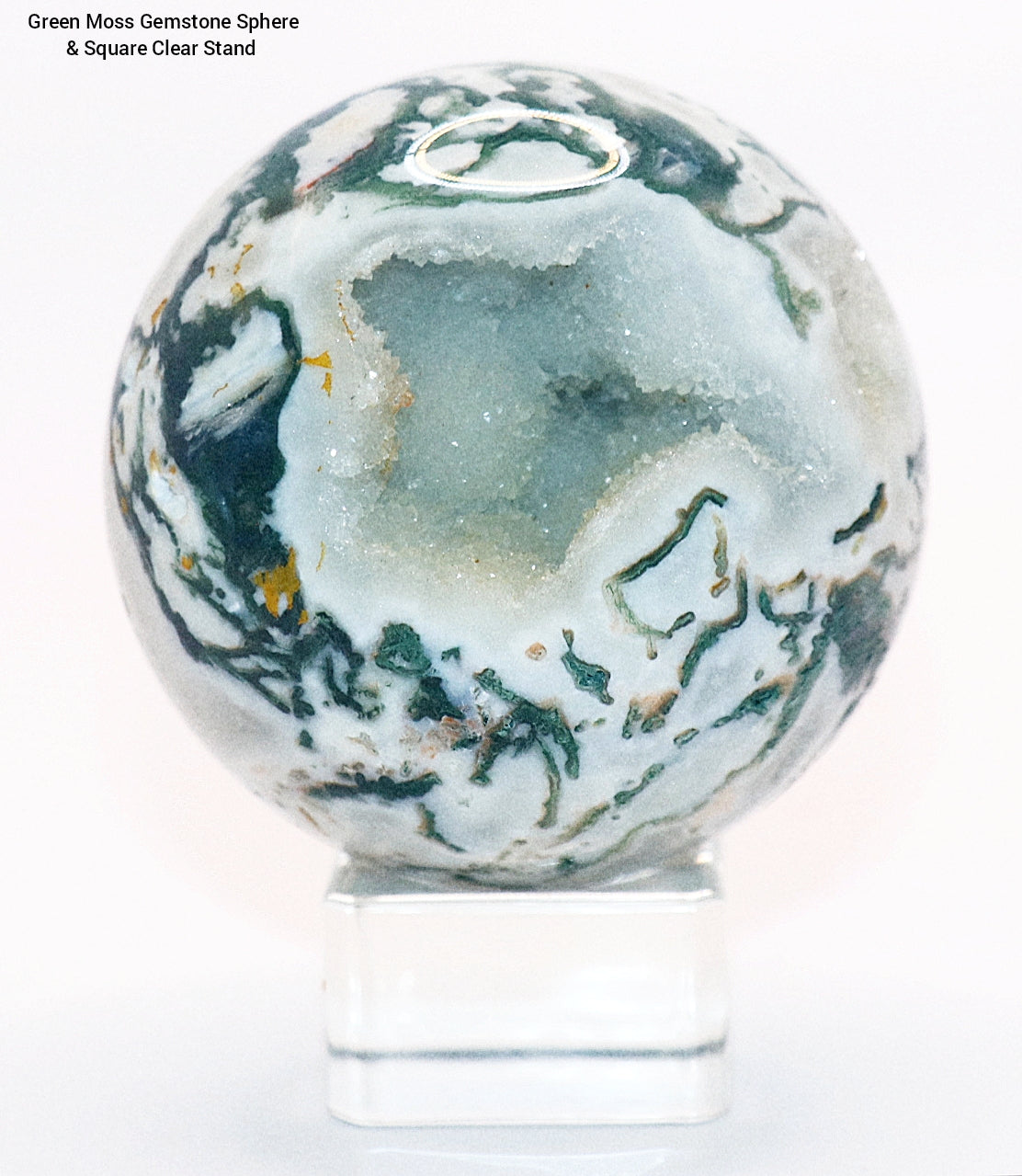 Esfera y soporte de piedra preciosa de ágata musgosa verde de 70 a 80 mm