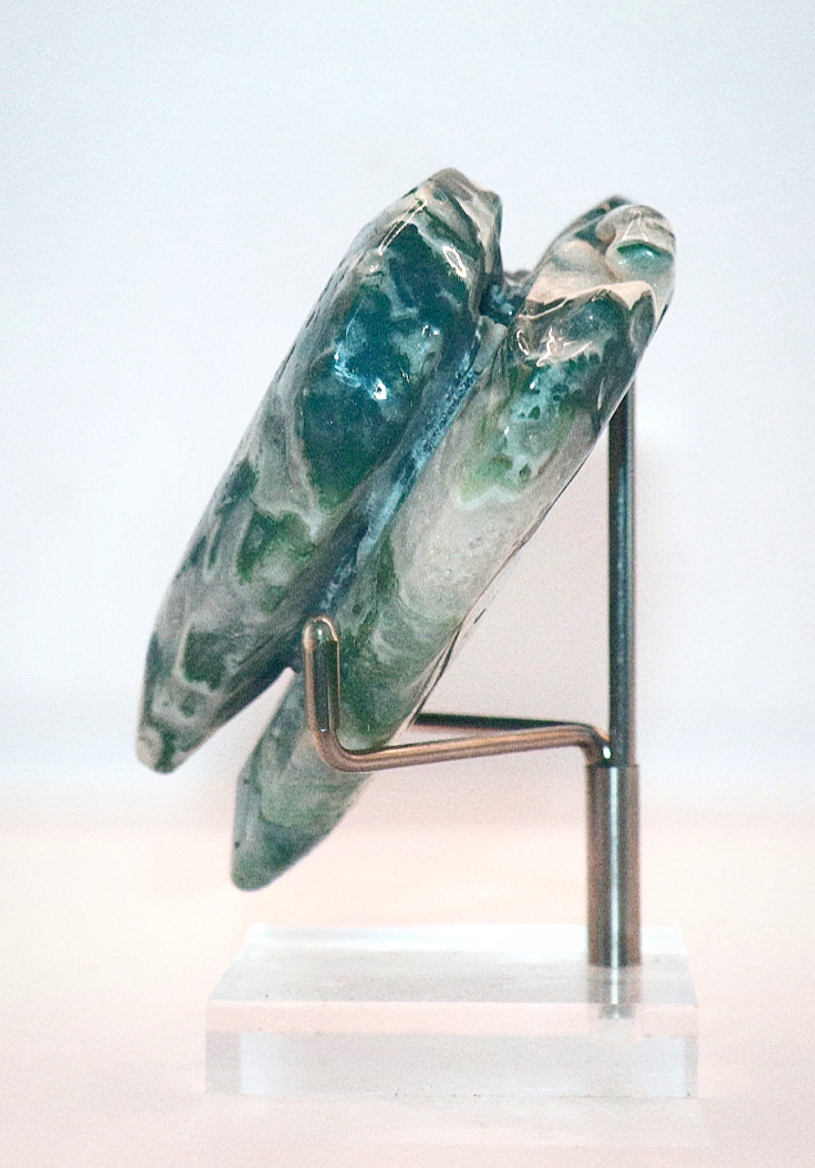 Green Moss Agate Double Hearts Carved Gemstone & Stands