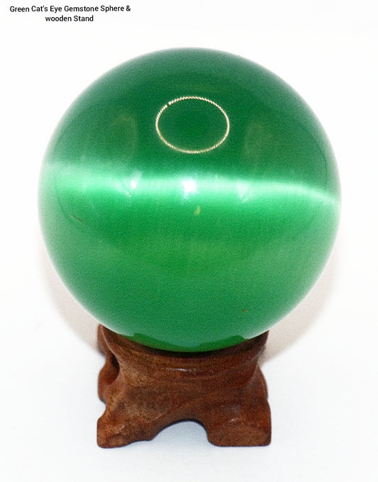 Green Cat Eye Gemstone Sphere & Wooden Sphere Holder