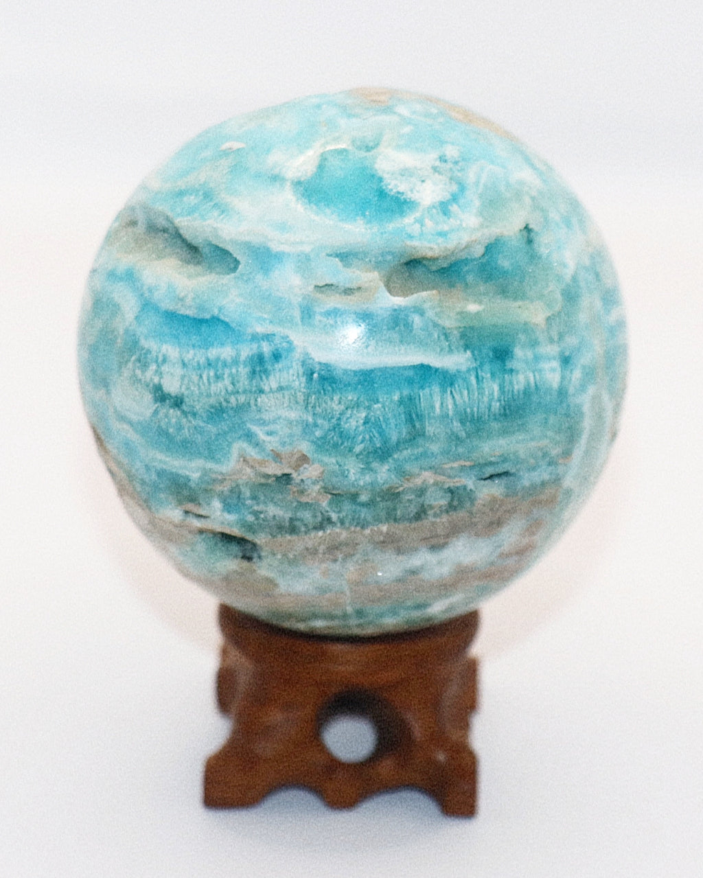 Rare Hermimorphite Gemstone Sphere & Wooden Stand