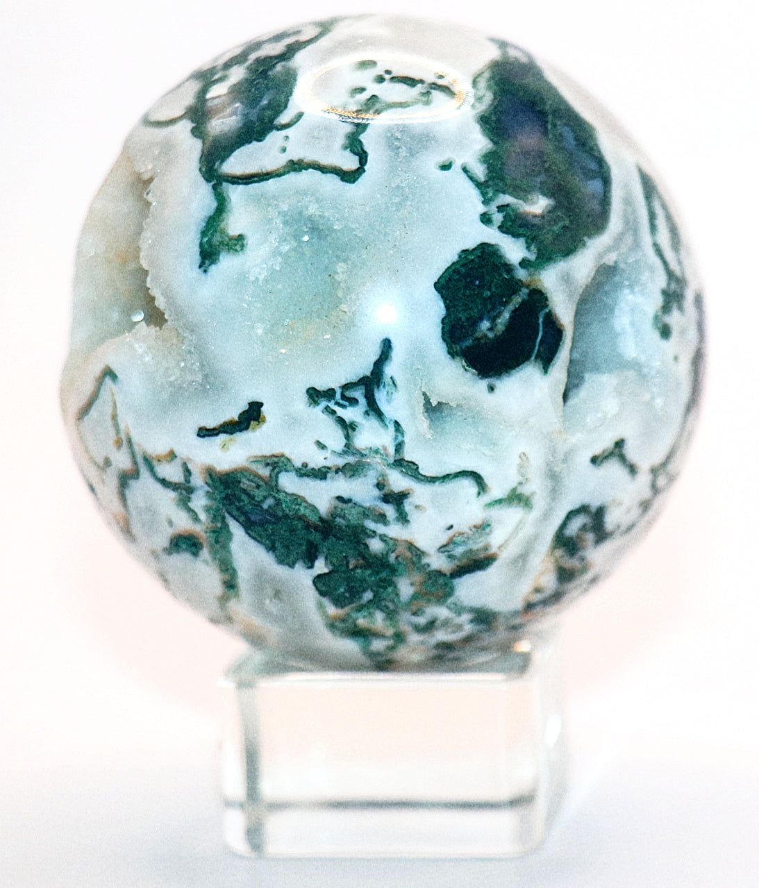 Esfera y soporte de piedra preciosa de ágata musgosa verde de 70 a 80 mm