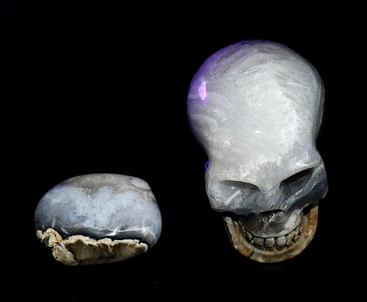 Volcanic Agate Gemstone Curved Skull With UV Reaction