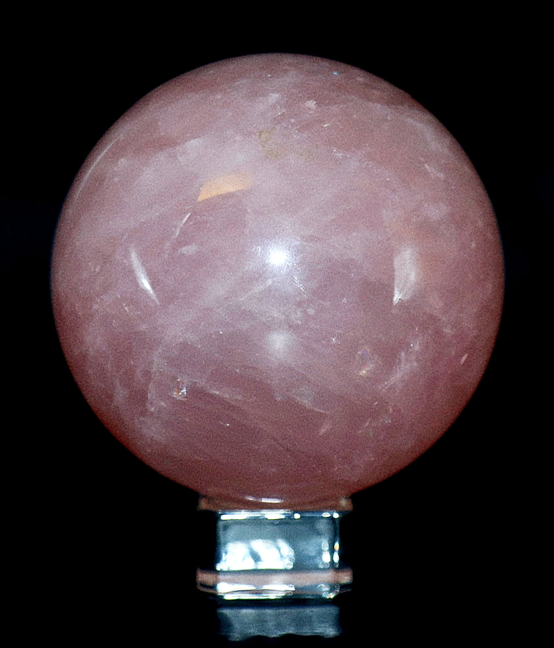 Buddha Meditating Carving & 60-70mm Rose Quartz Gemstone Sphere & Square Glass Stand