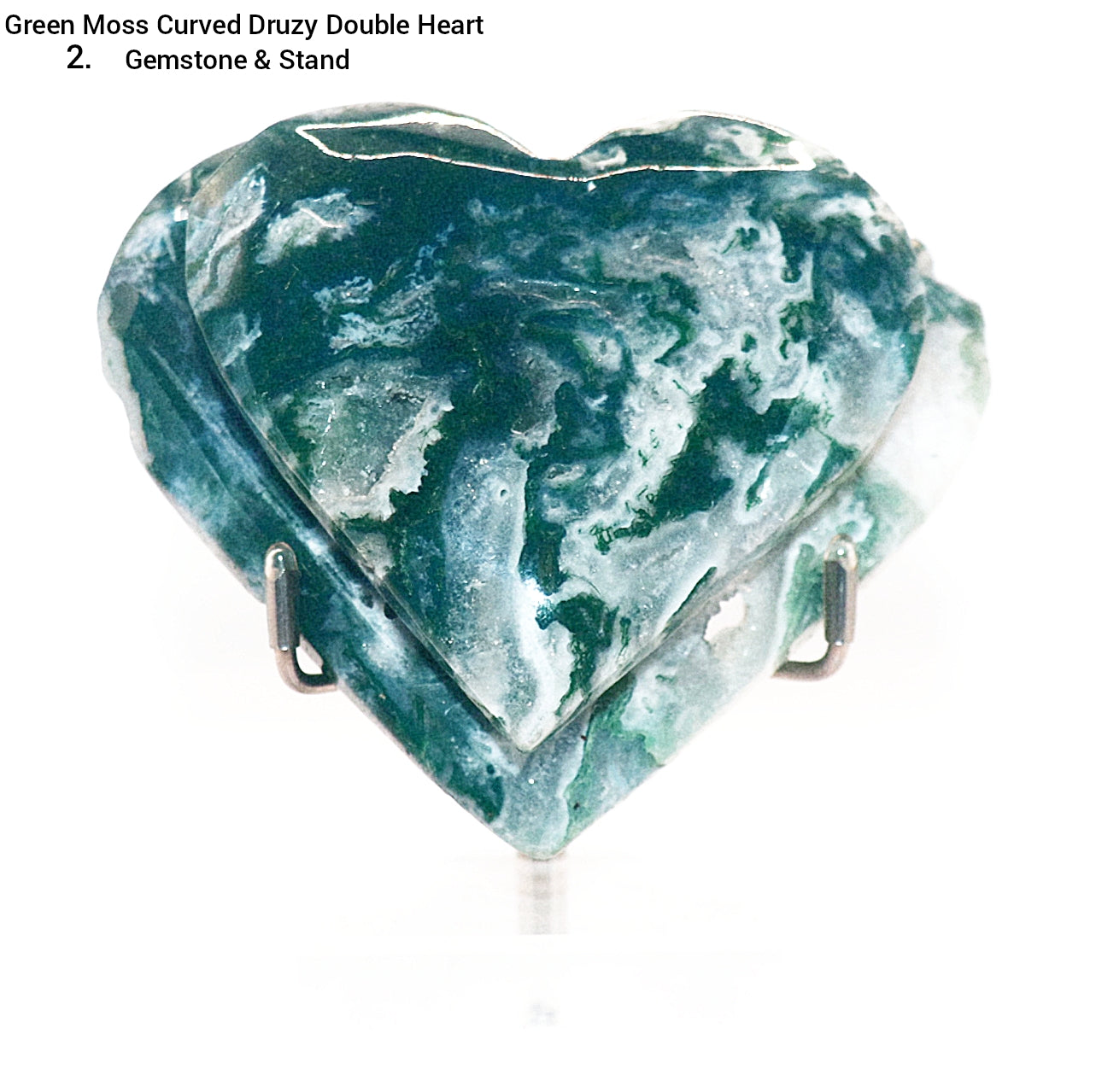 Green Moss Agate Double Hearts Carved Gemstone & Stands