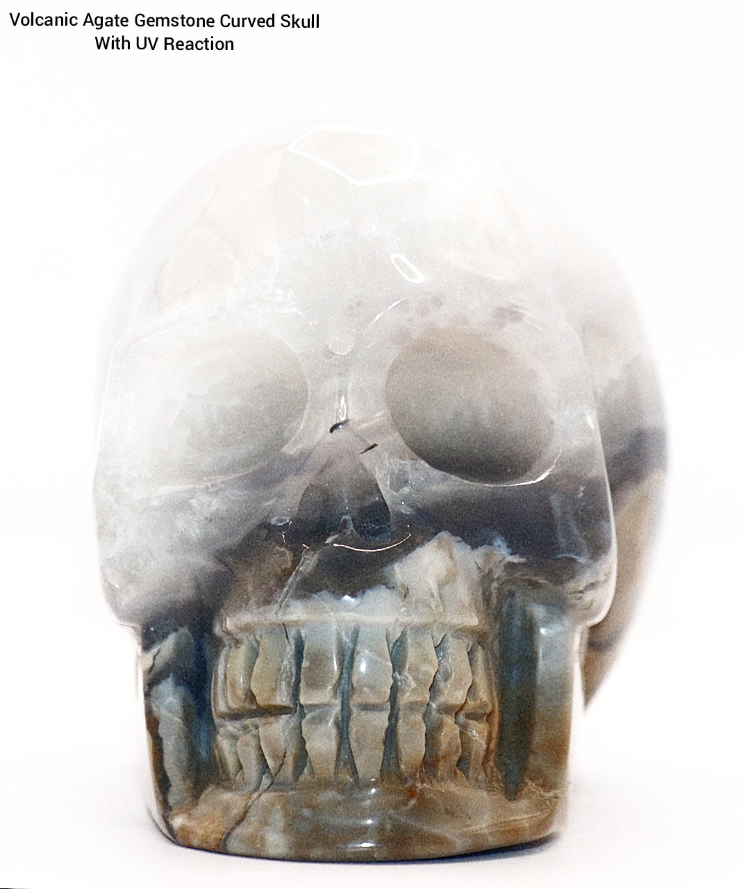 Volcanic Agate Gemstone Curved Skull With UV Reaction