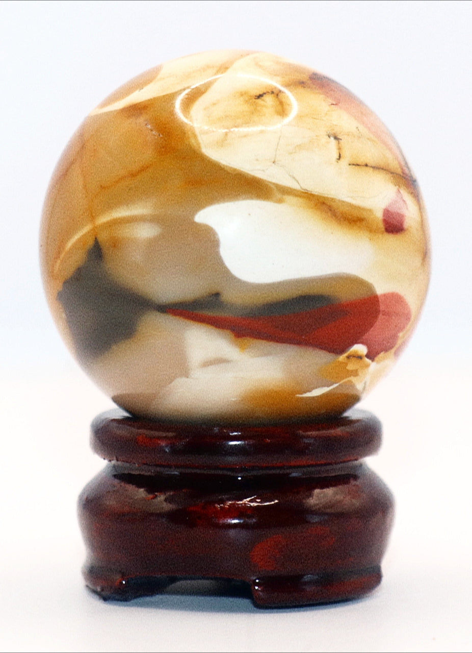 Esfera de piedra preciosa de jaspe mokaita de 50 mm y soporte de vidrio