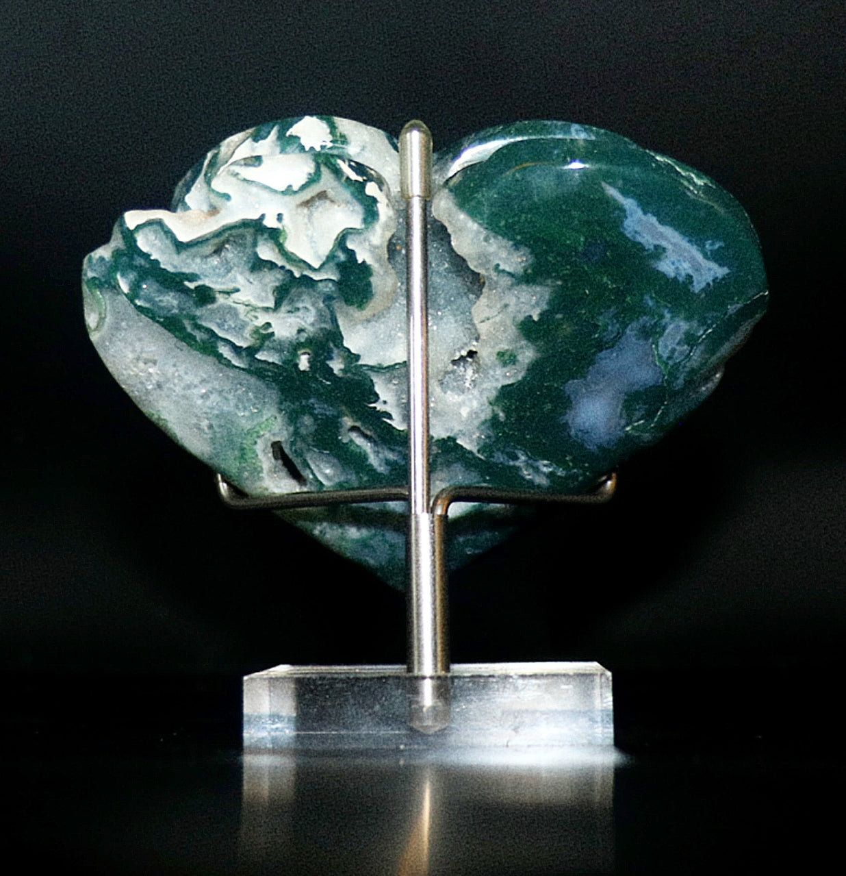 Green Moss Agate Double Hearts Carved Gemstone & Stands