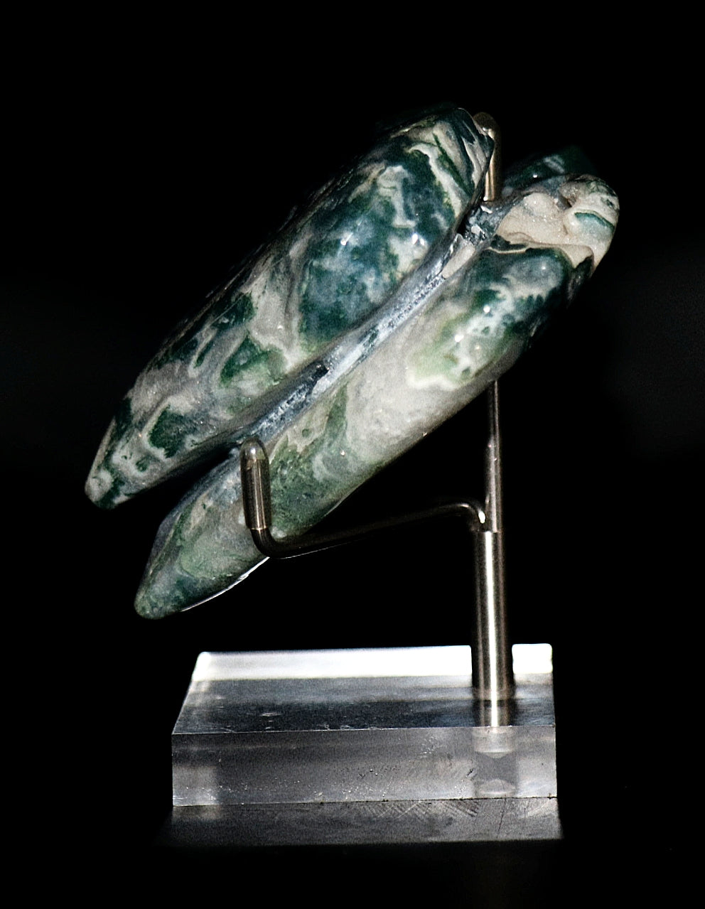 Green Moss Agate Double Hearts Carved Gemstone & Stands