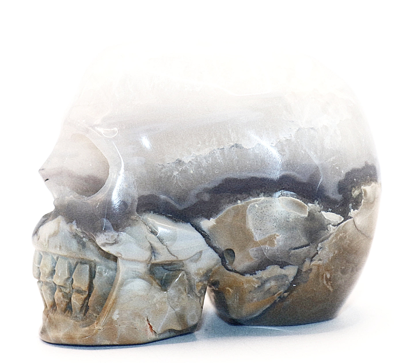 Volcanic Agate Gemstone Curved Skull With UV Reaction